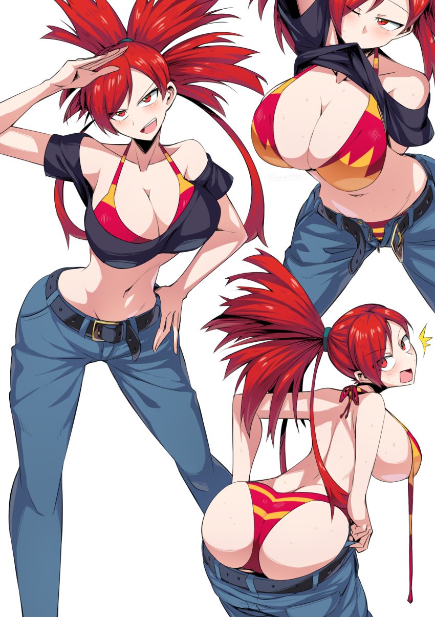 1girls alluring alternate_breast_size ass belt big_ass big_breasts bikini bite blush breasts busty cleavage crop_top curvy_figure female female_only fit_female flannery_(pokemon) game_freak gym_leader horizontal-striped_panties horizontal_stripes hourglass_figure huge_breasts human jeans large_breasts lifting_clothing lifting_shirt long_hair loose_clothes midriff multiple_views nintendo panties pants pokemon pokemon_rse ponytail pulling_down_pants pulling_pants_down red_eyes red_hair seductive shirt_in_mouth shirt_lift skimpy skimpy_clothes smirk smirking solo solo_female striped_clothing striped_panties stripping suzusiigasuki taking_clothes_off underwear undone_bra undressing untied_bra unzipped unzipped_pants unzipping_pants voluptuous white_background wink winking