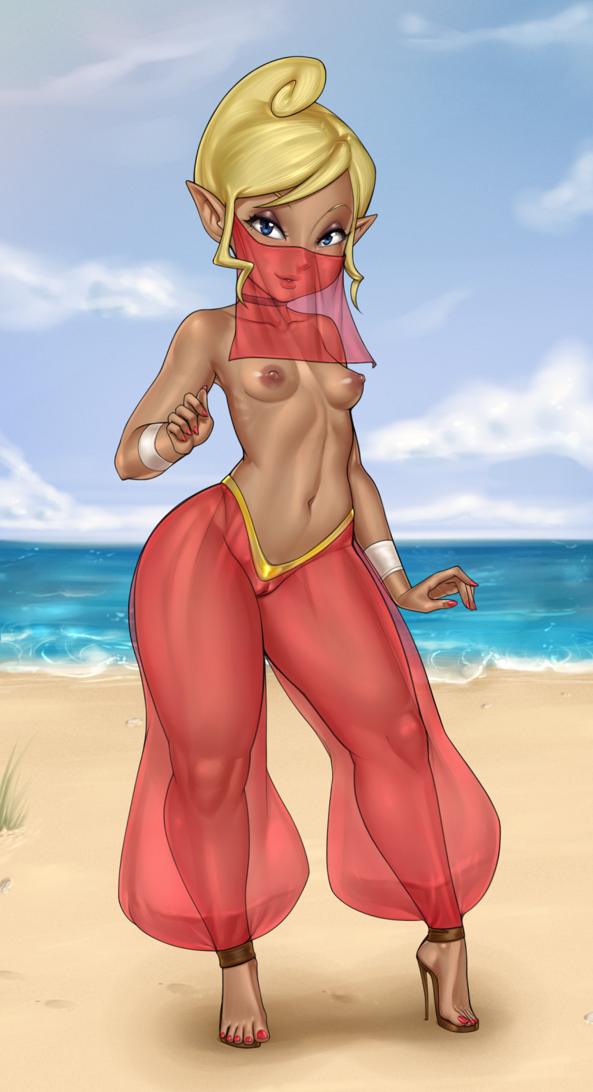 1girls aged_up bare_shoulders beach belly blonde_hair blonde_hair_female blue_eyes blue_sky breasts choker clothing cosplay dark-skinned_female dark_skin eyeshadow female female_only gold_heels harem_outfit high_heels hylian legoman lipstick looking_at_viewer makeup midriff nail_polish navel nipples no_bra no_panties public_topless pussy red_nails see-through shantae shantae_(cosplay) short_blonde_hair short_hair short_hair_female shunori sirwal sky small_breasts solo stiletto_heels tetra the_legend_of_zelda the_wind_waker thick_thighs topless veil very_high_heels wide_hips wind_waker