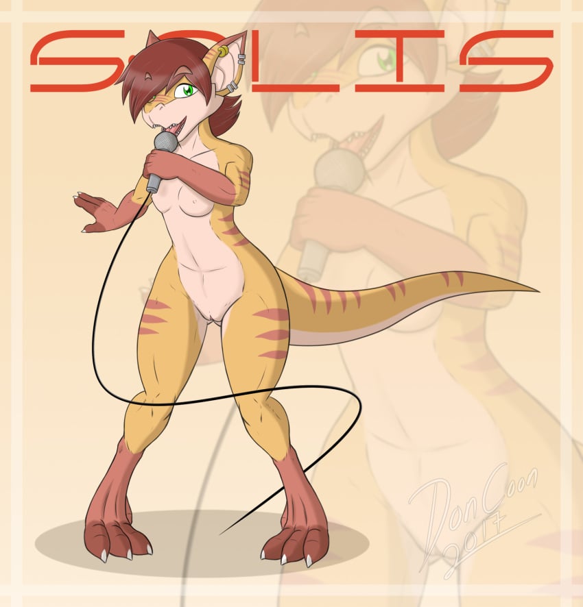 anthro breasts doncoon_(artist) ear_piercing female green_eyes lacertian_(species) lizard microphone nude orange_skin piercing pose pussy reptile scalie singer singing solis_(character) stripes