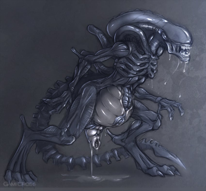 2016 alien alien_(franchise) anthro belly big_belly black_body dark_nek0gami drooling eyeless female humanoid_pussy nude ovipositor pregnant pussy saliva sharp_teeth solo teeth xenomorph