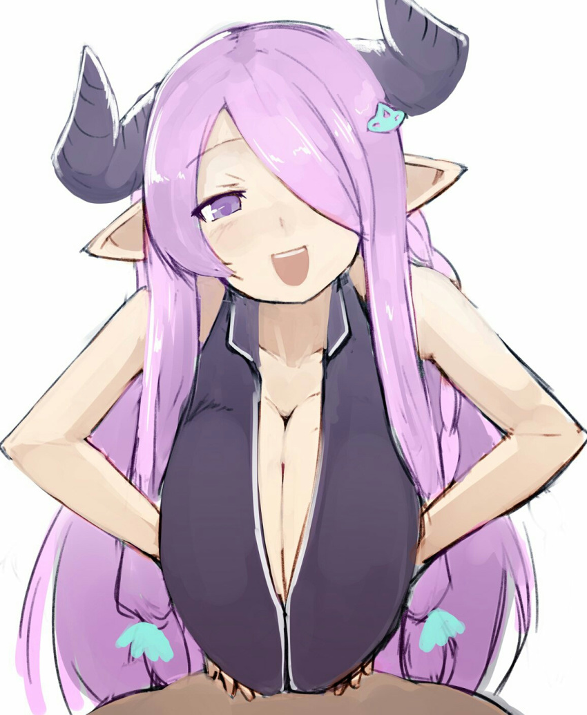 1girls bent_over black_horns braid breast_hold breast_squeeze breast_squish breasts cleavage cow_girl cow_horns demon_horns doraf faceless_male female full_cleavage granblue_fantasy hair_ornament hair_over_one_eye hairclip happy highres horns huge_breasts long_breasts long_hair looking_at_viewer male_pov narmaya_(granblue_fantasy) open_mouth paizuri paizuri_invitation pen_(pen3) pink_hair pointy_ears pov presenting purple_eyes purple_hair simple_background smiling solo_focus straight tied_hair white_background