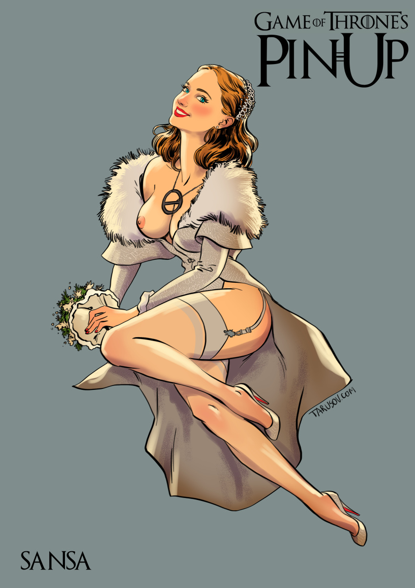 1girls absurdres andrew_tarusov areolae blue_eyes blush bouquet breasts breasts_out clothed crown dress erect_nipples female female_only game_of_thrones grey_background heels high_heels highres large_breasts legs light_skin long_dress looking_at_viewer medium_breasts necklace nipples open_clothes orange_hair pinup sansa_stark simple_background smile solo stockings thighhighs