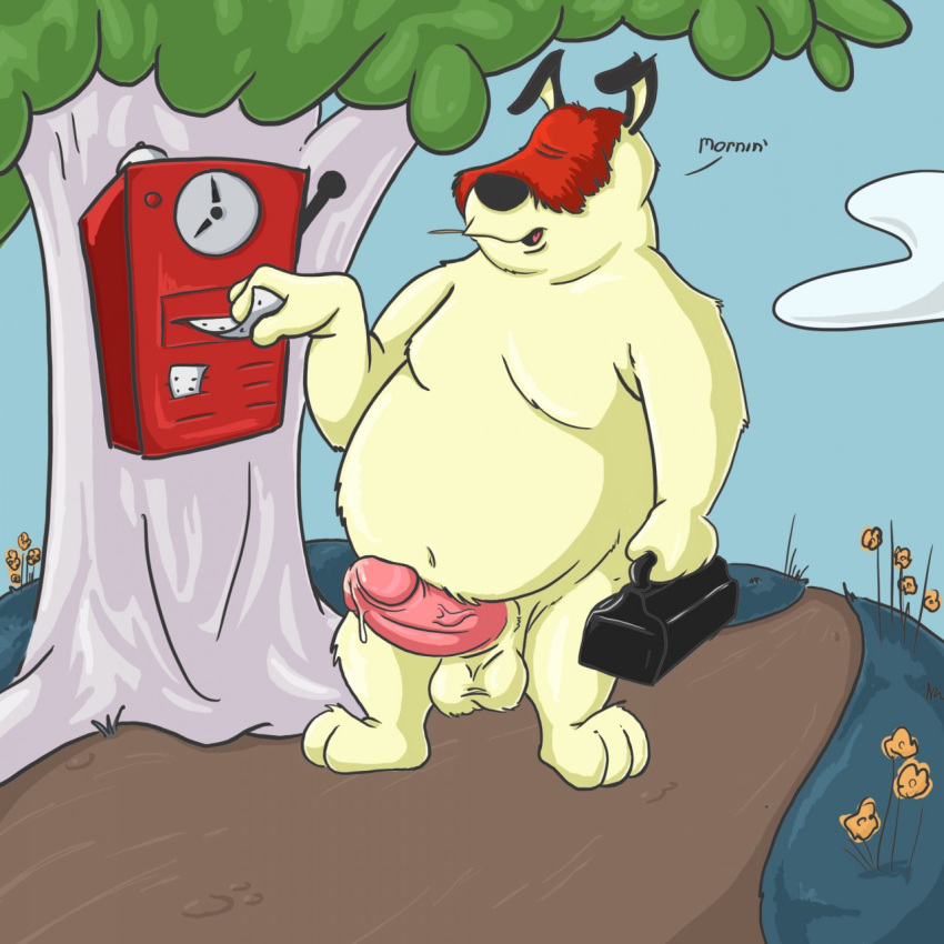 anthro balls canine dripping english_text erection hair_over_eyes humanoid_penis lunchbox male male_only mammal moobs navel nude outside overweight overweight_male penis precum punch_clock sam_sheepdog sdawg sheepdog solo standing text tree vein veiny_penis warner_brothers