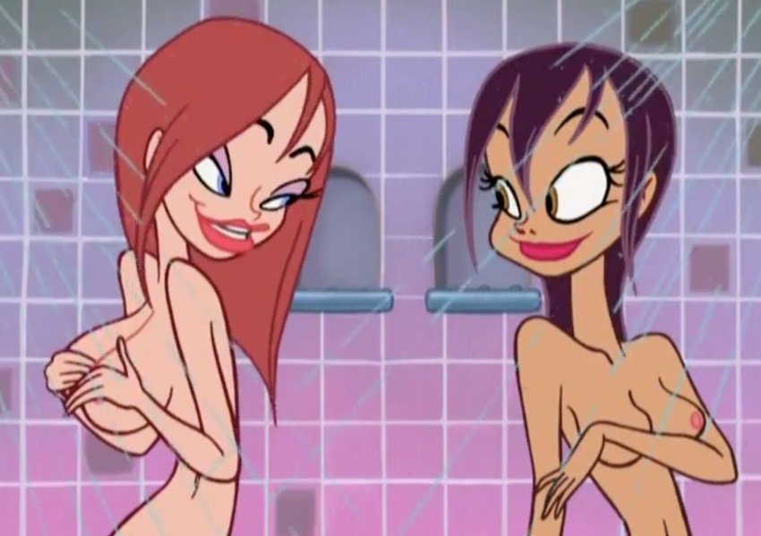 big_breasts black black_hair breasts cupping_breasts female female_only joanie large_breasts multiple_girls nipples nude red_hair ren_and_stimpy ren_and_stimpy_"adult_party_cartoon" screencap shower smile soap_girl