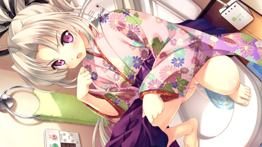 annoyed barefoot black_ribbon blush censored clothes_lift clover dutch_angle female floral_print four-leaf_clover game_cg hair_ribbon indoors japanese_clothes kimono kimono_lift long_hair looking_at_viewer love_2_quad mosaic_censoring naruse_hirofumi peeing pink_eyes pink_kimono pussy ribbon solo squatting toilet toilet_use toudou_chitose towel urine white_hair wooden_floor