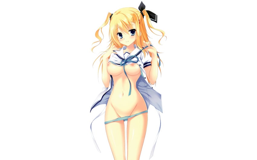 aqua_eyes blonde_hair breasts clothing cropped da_capo_iii morizono_ricca navel nipples no_bra open_clothes open_shirt panties panty_pull photoshop seifuku shirt tanihara_natsuki underwear white_background