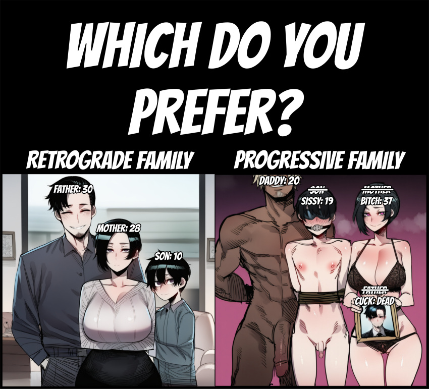 1girls 3boys after_sex ai_generated annoyed annoyed_expression before_and_after big_breasts big_penis black_hair blindfold broken corruption cuckold dark dead disappointed femdom gag heart-shaped_pupils implied_murder lingerie mind_break mind_control netorare ntr short_hair size_comparison size_difference small_penis smiling_at_viewer timeskip voluptuous wide_hips widow wife_material