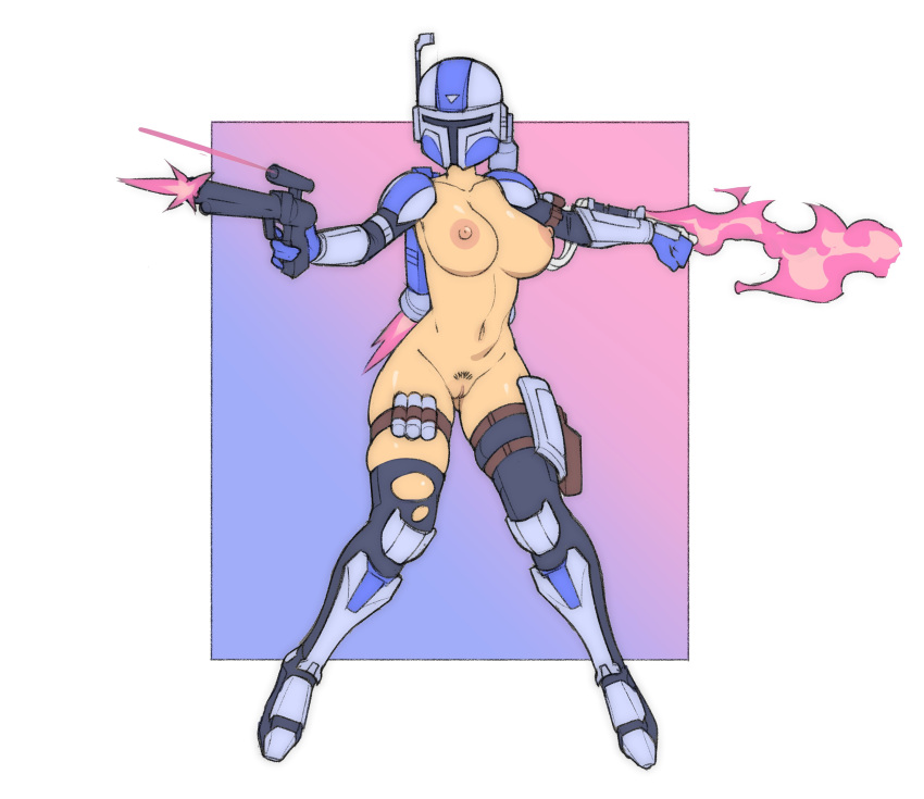 1girls armor armwear blaster casual exposed_torso female firearm footwear full_body gun handgun handwear headwear helmet krahe large_breasts legwear mandalorian nude pale_skin pose simple_background solo standing star_wars tactical_nudity weapon