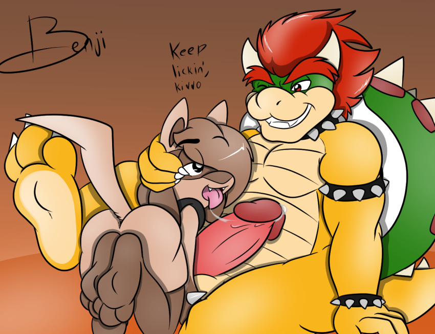 2016 2boys all_fours alternate_color anthro ass benji benji-fox big_penis bowser canine dialogue english_text feet fellatio koopa licking lucario male male_only mammal mario_(series) multiple_boys nintendo oral paws penis pokemon pokemon_(species) precum scalie sex signature simple_background sitting smile text tongue tongue_out video_games yaoi