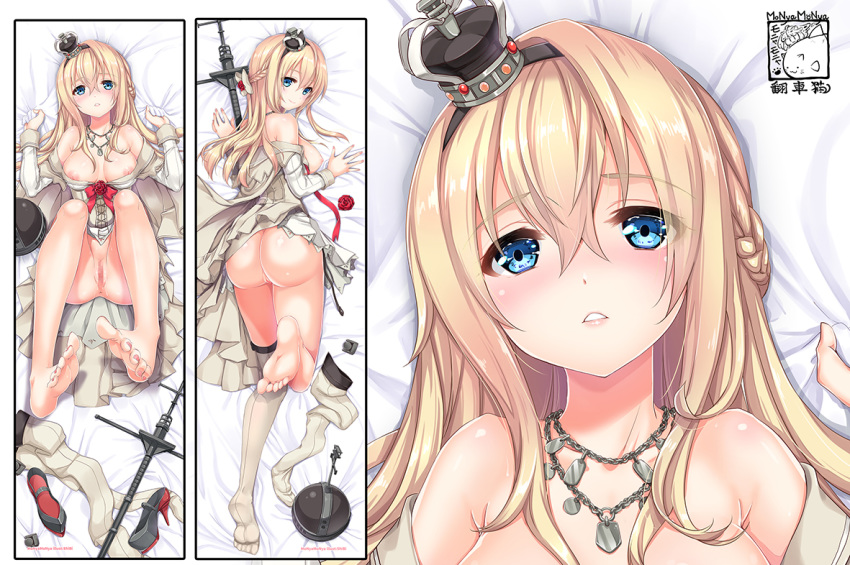 1girls aqua_eyes ass barefoot blonde_hair breasts censored close crown dakimakura female female_only headband hms_warspite_(kantai_collection) honeyshibi kantai_collection long_hair necklace nipples nopan pussy shibi solo staff thighhighs uncensored