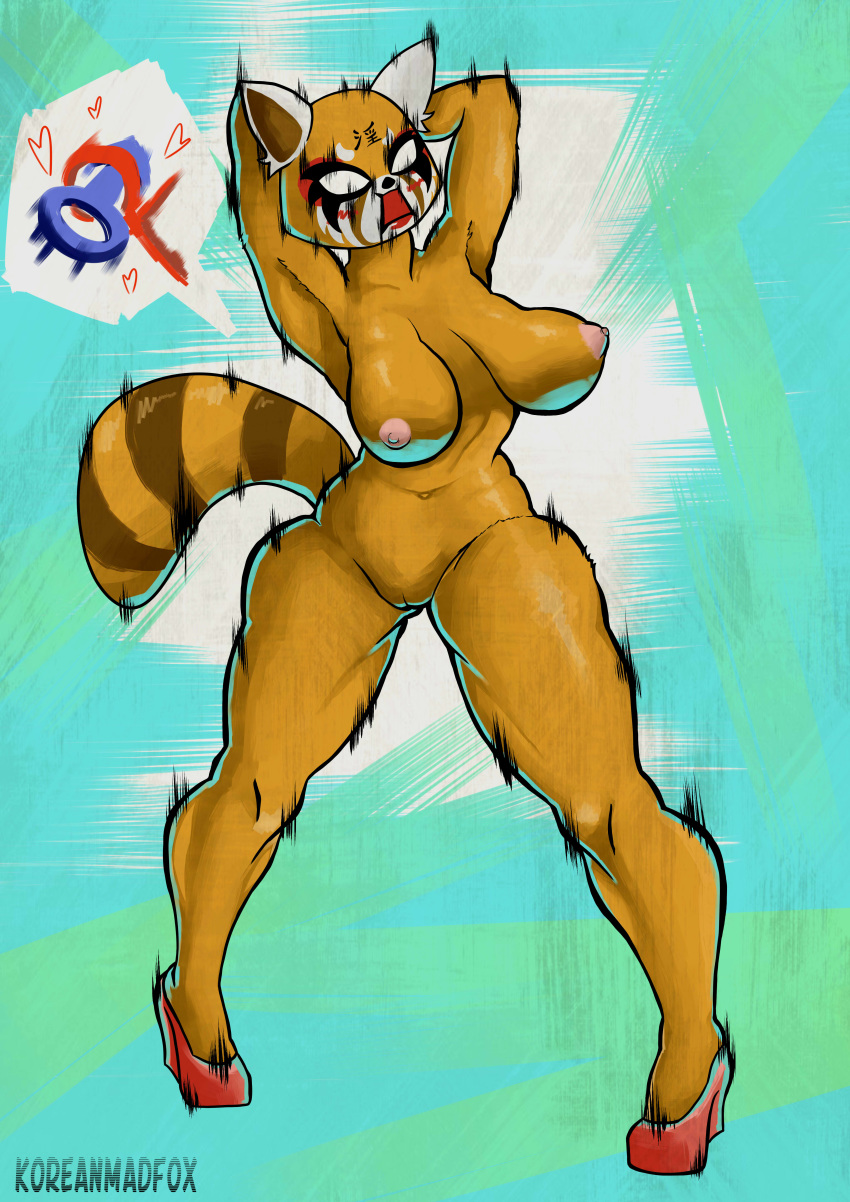 1girls aggressive_retsuko aggretsuko alternate_body_type anthro armpits arms_behind_head arms_up big_breasts black_eyes breasts brown_fur clothing female female_only footwear furry high_heels koreanmadfox mammal mars_symbol nipples planet_symbol pussy red_panda retsuko sanrio shoes simple_background solo solo_female standing straight_hair tail text thick_thighs venus_symbol