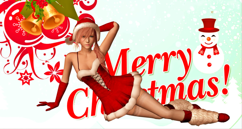 3d arm_gloves background boots brown_hair christmas eclair_farron final_fantasy final_fantasy_xiii gloves hat legs merry_christmas posing santa_hat santa_outfit silver_eyes solo stockings video_games xnalara xps