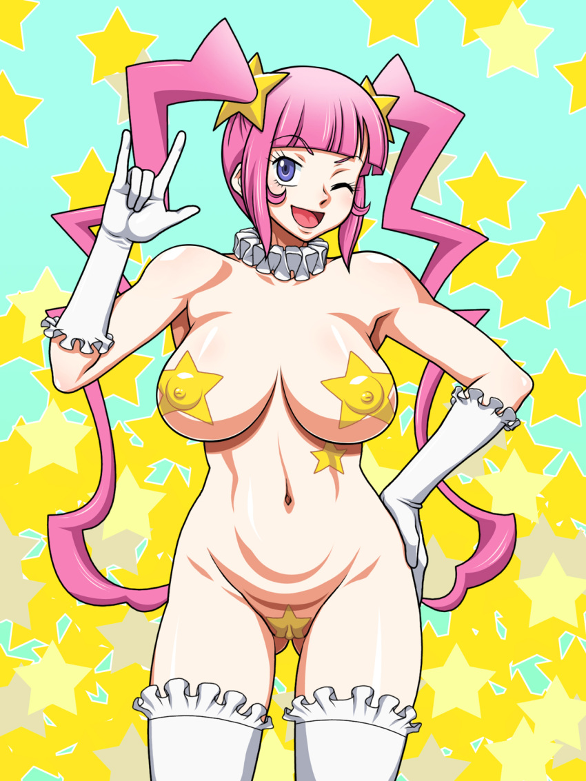 breasts garou_damenade gloves gundam gundam_build_fighters kirara_(gundam_bf) long_hair pasties pink_hair star_pasties thighhighs tied_hair twintails yellow_pasties