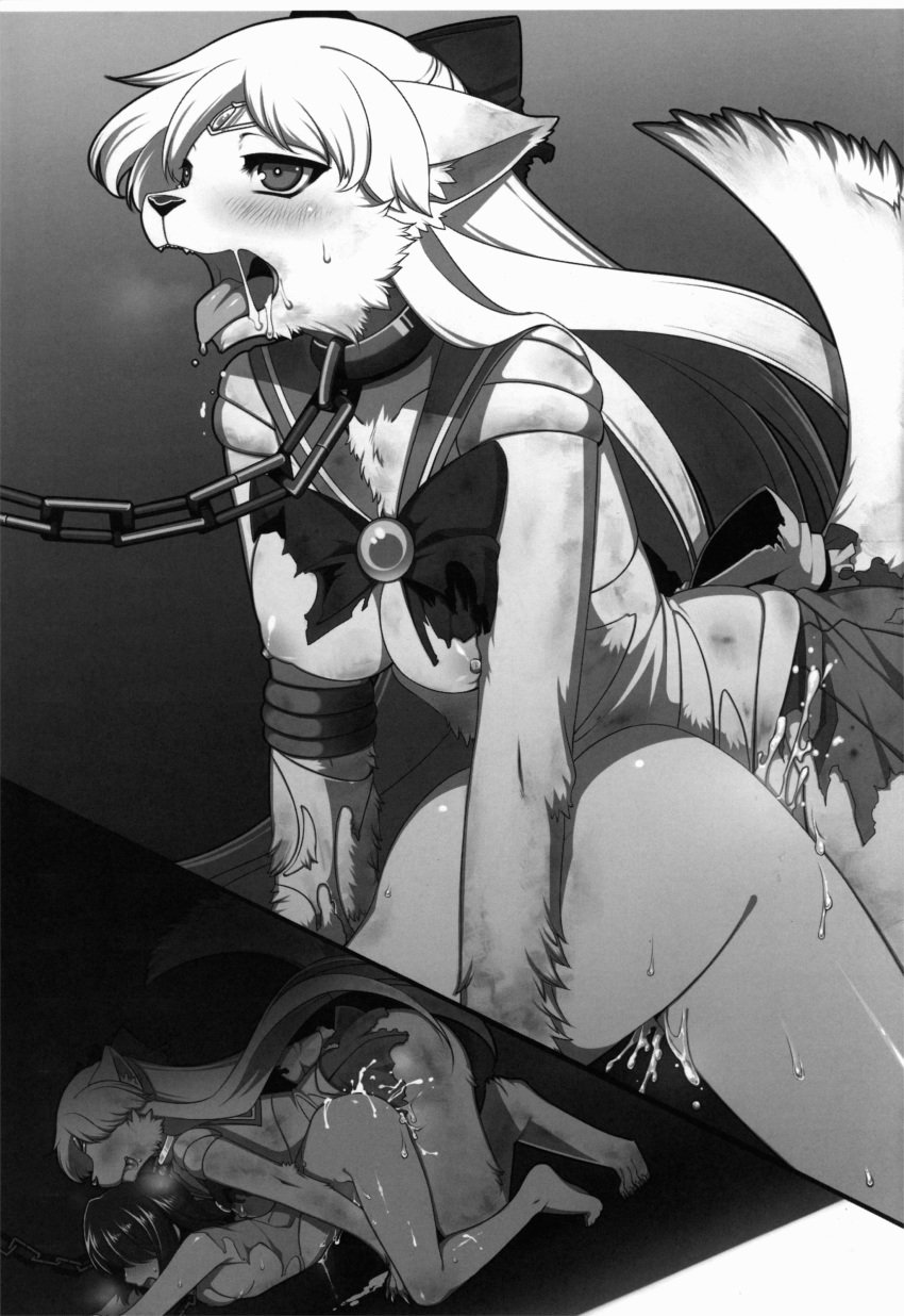 1futa 1girls all_fours anthro bishoujo_senshi_sailor_moon black_and_white blush bow breasts canine chains claws clothing collar comic costume cum cum_inside doggy_style doujinshi ejaculation eyelashes fangs female from_behind_position fur furry futa_on_female futanari highres human interspecies jewelry kemono kneeling konshin mammal medium_breasts minako_aino mind_control modification monochrome nipples open_mouth orgasm pet sailor_venus saliva sex sex_slave shadow skirt small_breasts sweat teeth tongue tongue_out torn_clothes transformation uniform