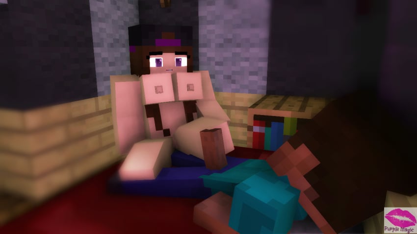 1boy 1boy1girl 1girls 3d bed bedroom big_breasts brown_hair clothed_male_nude_female cubic_breasts footjob full_body hetero minecraft nude purple-magic square_(anatomy) square_anatomy square_areolae square_body square_breasts square_head square_nipples steve_(minecraft) straight tagme uncensored