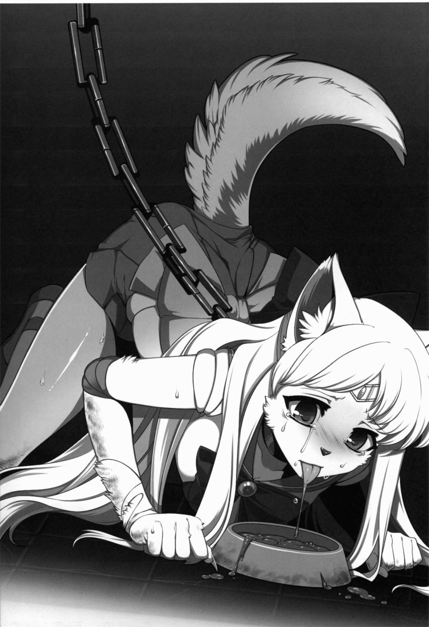 1girls absurd_res all_fours anthro bishoujo_senshi_sailor_moon blush bowl chains claws clothed clothing collar comic costume crying cum cum_in_bowl dog doujinshi eyelashes female female_only food_bowl fur gloves greyscale hair hi_res jewelry kemono kneeling konshin mammal minako_aino mind_break modification monochrome pet sailor_venus saliva sex_slave shadow simple_background skirt solo sweat tears tongue tongue_out transformation uniform white_hair