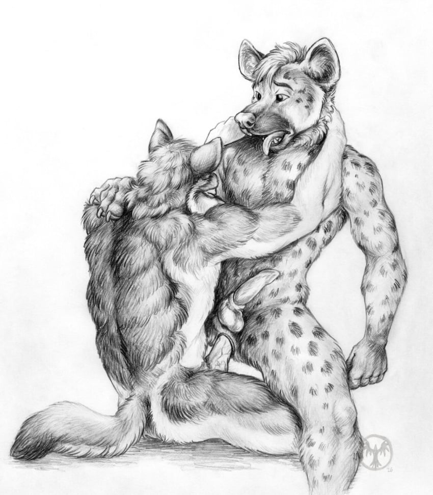 2boys anal anal_sex animal_genitalia anus ass back canine canine_penis closed_eyes embrace erection fangs furry gay glans greyscale holding hyena male male_only mammal mastery_position monochrome neverwolf nude open_mouth pencil_(artwork) penetration penis sex sharp_teeth sheath signature sitting spots spread_legs tail teeth testicles tongue tongue_out traditional_media_(artwork) vein veins veiny_penis wolf yaoi