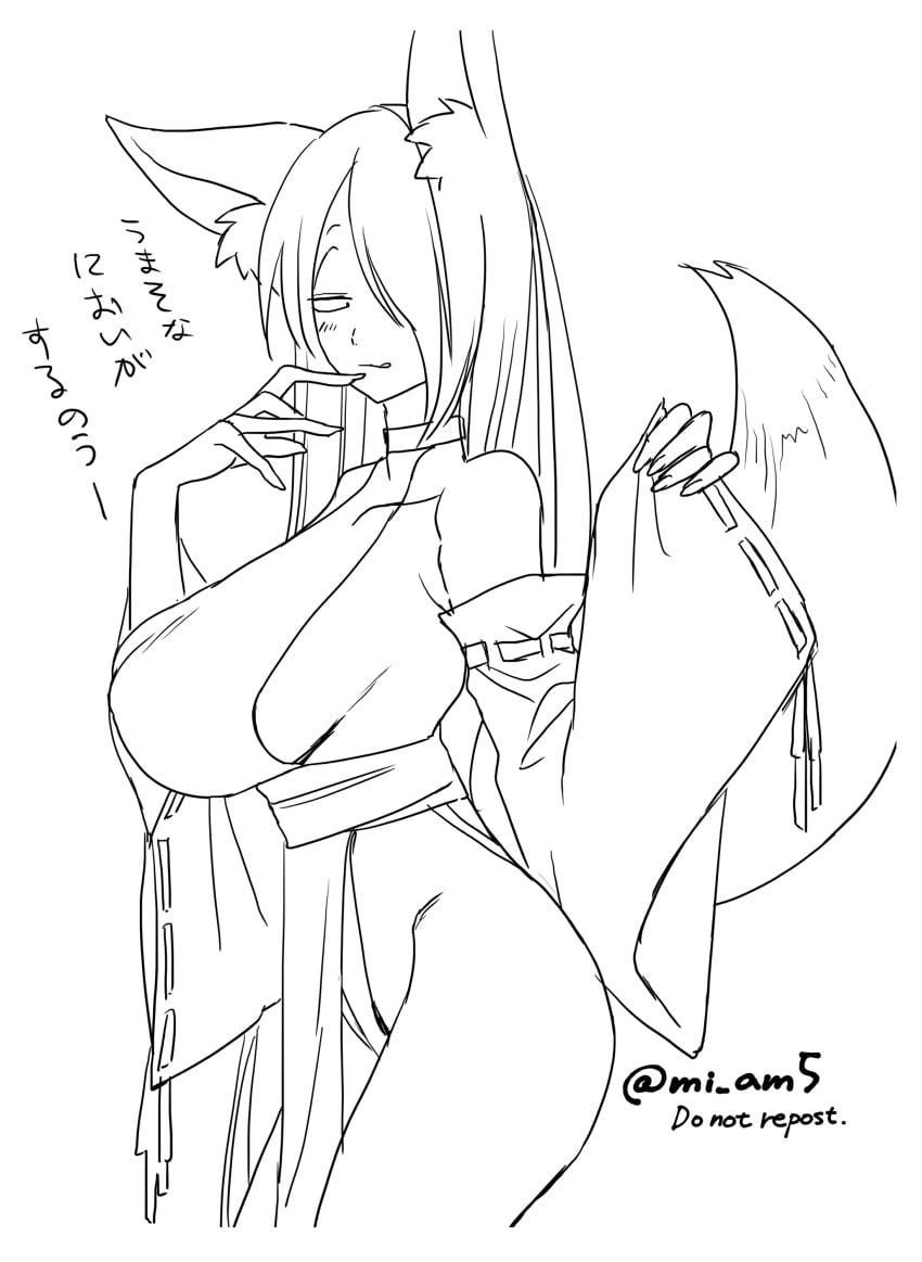 alternate_costume big_breasts breasts detached_sleeves female female_only fox_ears fox_girl fox_tail gegege_no_kitarou genderswap_(mtf) japanese_clothes kemonomimi kitarou_tanjou_gegege_no_nazo kitsune line_art long_hair medama_oyaji_(human) mi_am5 milf monochrome no_bra rule_63 sideboob smile solo very_long_hair youkai
