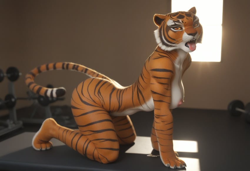 ai_generated anthro anthro_on_human anthropomorphic beautiful big_breasts breasts dreamworks feline feline_humanoid female fur furry impregnation_request in_heat kung_fu_panda looking_at_viewer master_tigress on_all_fours posing_for_the_viewer red_eyes seductive seductive_look seductive_smile sexy sexy_body sexy_pose tiger tiger_girl tigress tigress_(kung_fu_panda) tits_out tongue_out wet_pussy