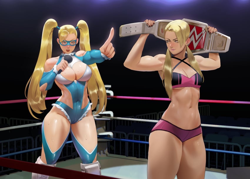 absurdres alexa_bliss bare_shoulders belt blonde_hair blue_eyes blue_leotard breasts catfight championship_belt cleavage clothing_cutout domino_mask elbow_cutout hair_pulled_back heart_cutout highres indoors large_breasts leoquezadilla leotard long_hair low_twintails mask medium_breasts microphone midriff open_mouth rainbow_mika shoulder_cutout street_fighter street_fighter_v thick_thighs thighs twintails wrestler wrestling wrestling_mask wrestling_outfit wrestling_ring wwe