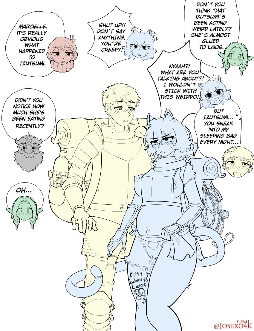 2025 5_fingers absurd_res animal_humanoid areola armor aroused artist_name backpack beard bedroll belly big_breasts biped black_text bodily_fluids body_writing bottle bottomwear braided_hair breastplate breasts bulge cat_humanoid chain_leash chainmail chains chilchuck_tims claws clothed clothed_female clothed_human clothed_humanoid clothed_male clothing clothing_lift collar container dialogue dungeon_meshi duo_focus dwarf elf english_text erect_nipples erection erection_under_clothing eye_through_hair eyebrow_through_hair eyebrows eyelashes facial_hair fantasy felid felid_humanoid feline feline_humanoid female female_humanoid finger_claws fingers front_view fur genital_fluids genitals group hair halfling hand_on_bulge headgear helmet hi_res horn horned_helmet human human_on_humanoid humanoid humanoid_genitalia humanoid_pointy_ears humanoid_pussy in_denial interspecies izutsumi josexo4k laios_touden leash loincloth loincloth_lift long_hair looking_at_another looking_at_partner male male/female male_human mammal mammal_humanoid marcille_donato midriff mouth_closed navel nipples pointy_ears pregnancy_test pregnant pregnant_female pregnant_humanoid prick_ears pussy pussy_juice_on_leg pussy_juice_on_pussy restricted_palette scarf senshi_(dungeon_meshi) short_hair shoulder_guards simple_background skimpy standing tail tail_around_leg talking_to_another text translucent translucent_hair vaginal_fluids vambrace white_background