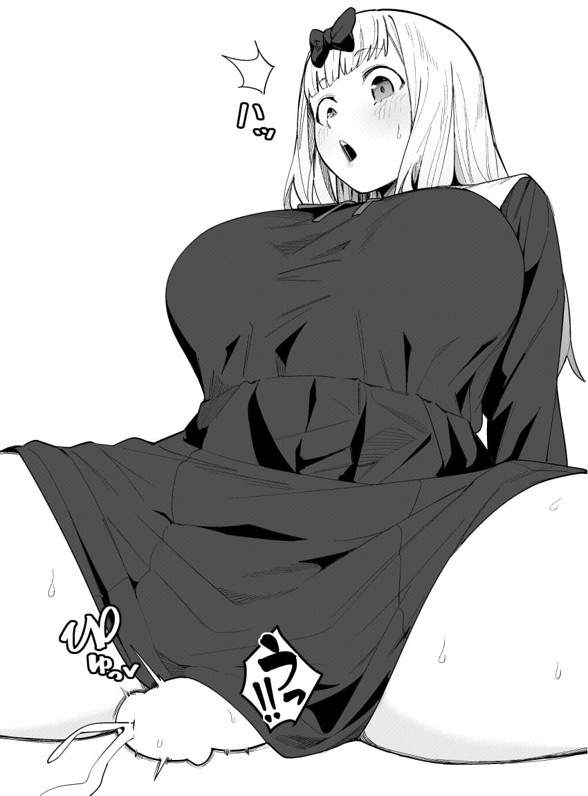 1boy absurdres blush bow breasts cowgirl_position cum dress ejaculation female fujiwara_chika greyscale hairbow highres huge_breasts kaguya-sama_wa_kokurasetai_~tensai-tachi_no_renai_zunousen~ long_hair long_sleeves monochrome neck_ribbon open_mouth penis re:ankh ribbon school_uniform shuuchiin_academy_school_uniform simple_background solo_focus spread_legs summer_uniform sweat teeth thighs upper_teeth_only wide-eyed