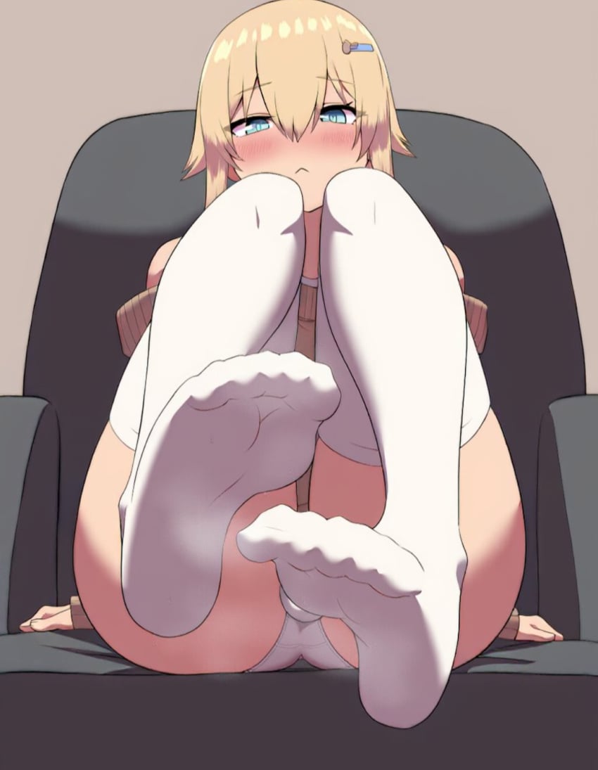 1boy blonde_hair blue_eyes bridget bulge bulge_through_clothing bulge_under_clothes crossdressing feet female femdom feminine_male guilty_gear looking_at_viewer male male_only musk_clouds socks trans_woman transfem transgender_woman trap white_socks