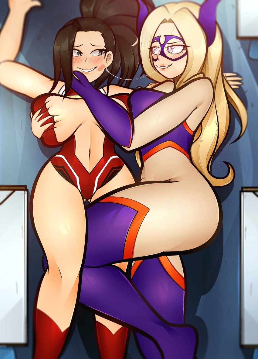 2girls age_difference arkeus arkeus_165 blonde_female boku_no_hero_academia commission commission_art commissioner_upload dark_hair groping groping_breasts heroine kiss_mark kissing laying_down leg_up momo_yaoyorozu mount_lady my_hero_academia older_female older_female_and_younger_female saliva saliva_trail teacher_and_student younger_female yuri yuu_takeyama