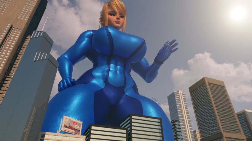 big_ass big_breasts blonde_hair building down giant giantess giga hair laying long macro mega micro ponytail samus_aran scrag_boy suit zero