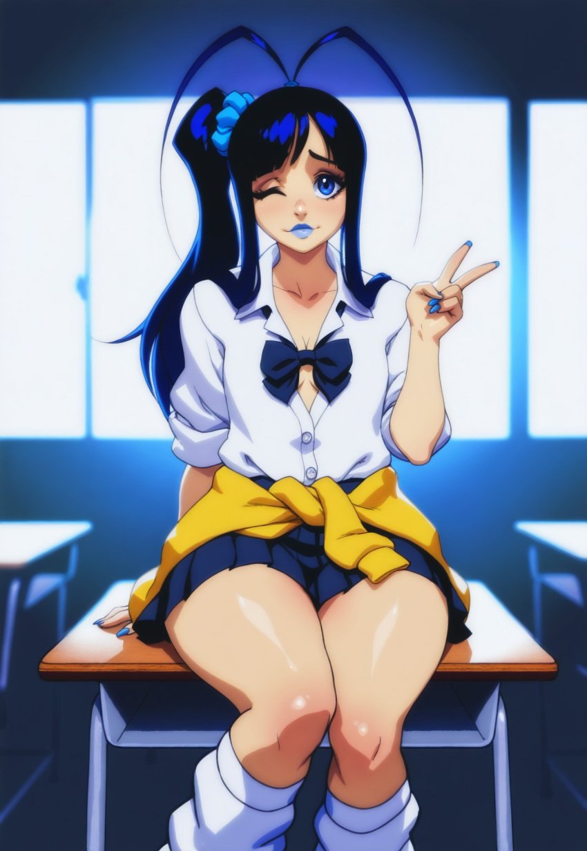1boy 1femboy 2025 ai_generated alternate_version_available bleach blue_eyes blue_lips blue_lipstick femboy feminine_male girly giselle_gewelle kimkon203 light-skinned_male lips male male_only school_desk school_uniform schoolgirl_uniform sitting_on_desk solo thick_thighs thighs trap