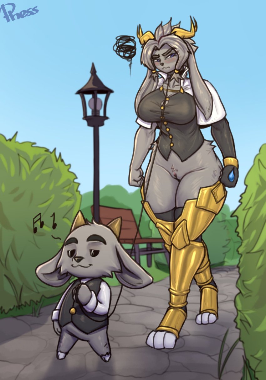 absurd_res anthro antlers armwear bench blush bottomless bovid breasts butler_(pseudoregalia) caprine clothed clothing elbow_gloves embarrassed female fur genitals gloves goat grey_body grey_fur handwear hi_res horn jackalope lagomorph leash leg_armor legwear male mammal no_underwear park_bench phess pseudoregalia public public_nudity pussy size_difference smaller_male smug submissive submissive_female sybil_(pseudoregalia) thigh_highs