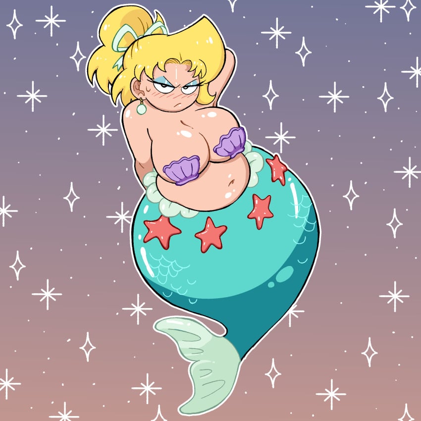 annoyed bangs belly belly_button belly_overhang big_breasts blonde_hair chubby clam_shell earring eyeshadow hair_ribbon lori_loud mermaid nipples_covered ponytail potbelly the_loud_house thick_thighs thicker_than_a_bowl_of_oatmeal weener72 wide_hips