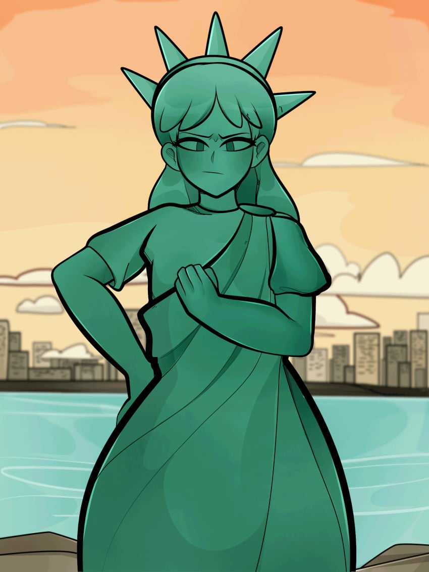 1girls american_flag_swimsuit animated arkeus big_breasts breasts cleavage female leotard looking_at_viewer solo statue_of_liberty stripping