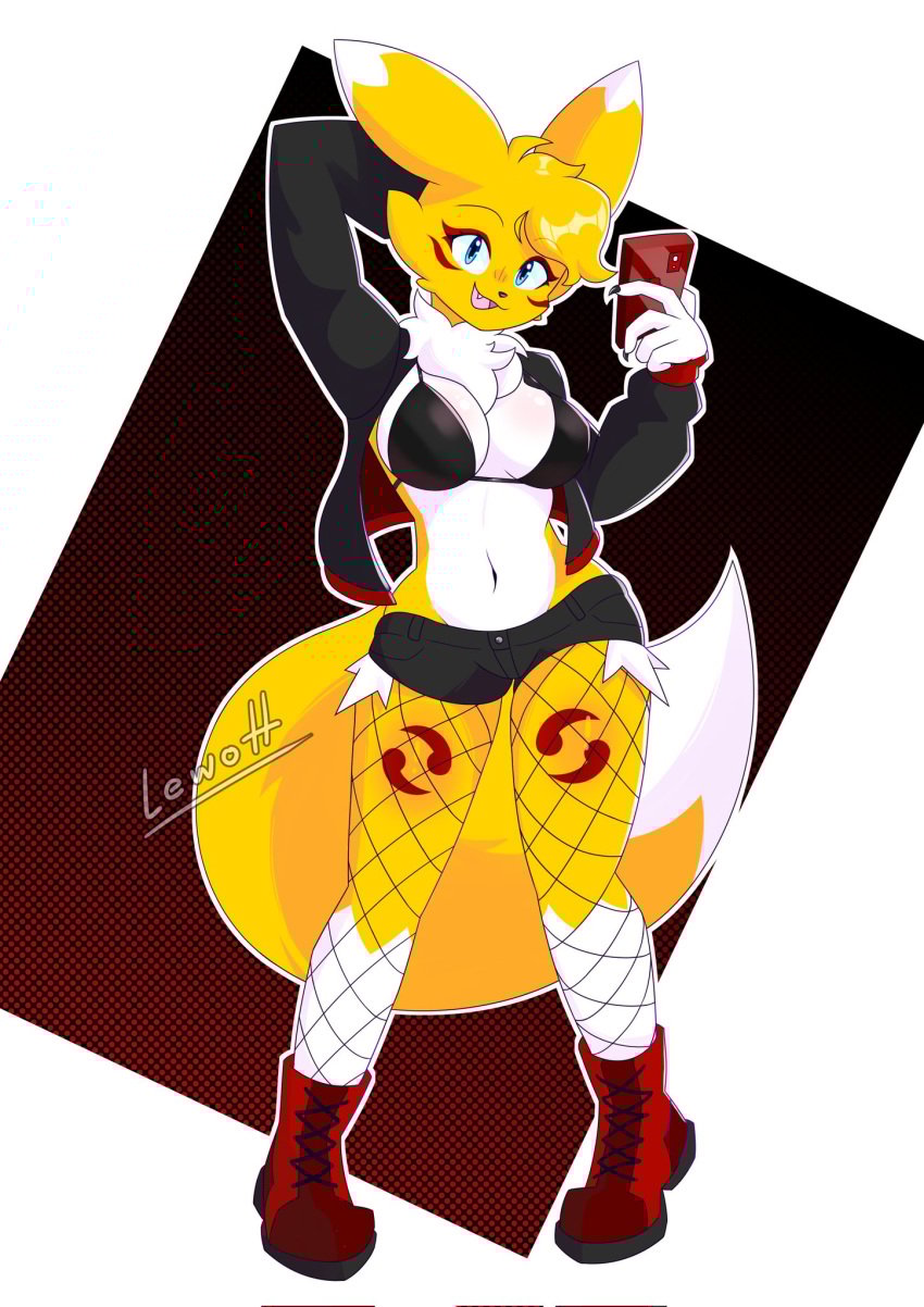 anthro bandai_namco big_breasts blue_eyes boots breasts canid canine cellphone clothing digimon digimon_(species) electronics female fishnet_clothing fishnet_legwear footwear fox hi_res jacket legwear lewott mammal open_mouth phone renamon shoes solo tail topwear