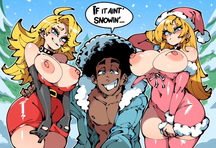 1boy 1boy2girls afro ai_generated big_breasts blonde_female blonde_hair blue_eyes breasts_bigger_than_head dark-skinned_male dark_skin female grin huge_breasts if_it_ain't_snowin' large_breasts light-skinned_female light_skin looking_at_viewer lucky_bastard male mullon nipples novelai original snow snowbunny snowbunny_heaven thick_thighs trio wide_hips winter_clothes