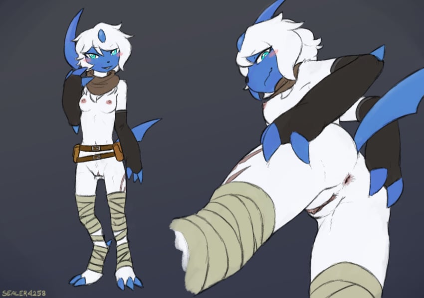 2025 3_fingers 3_toes absol anthro anus areola armwear ass blue_eyes blush breasts claws clothed clothed_anthro clothed_female clothing digital_media_(artwork) feet female finger_claws fingers front_view fur generation_3_pokemon genitals hair hi_res horn looking_at_viewer looking_back looking_back_at_viewer looking_down looking_down_at_viewer low-angle_view navel nintendo nipples no_underwear partially_clothed partially_clothed_anthro partially_clothed_female pokemon pokemon_(species) pussy rear_view sealer4258 simple_background small_breasts solo standing tail toe_claws toes topless topless_anthro topless_female white_body white_fur white_hair wraps