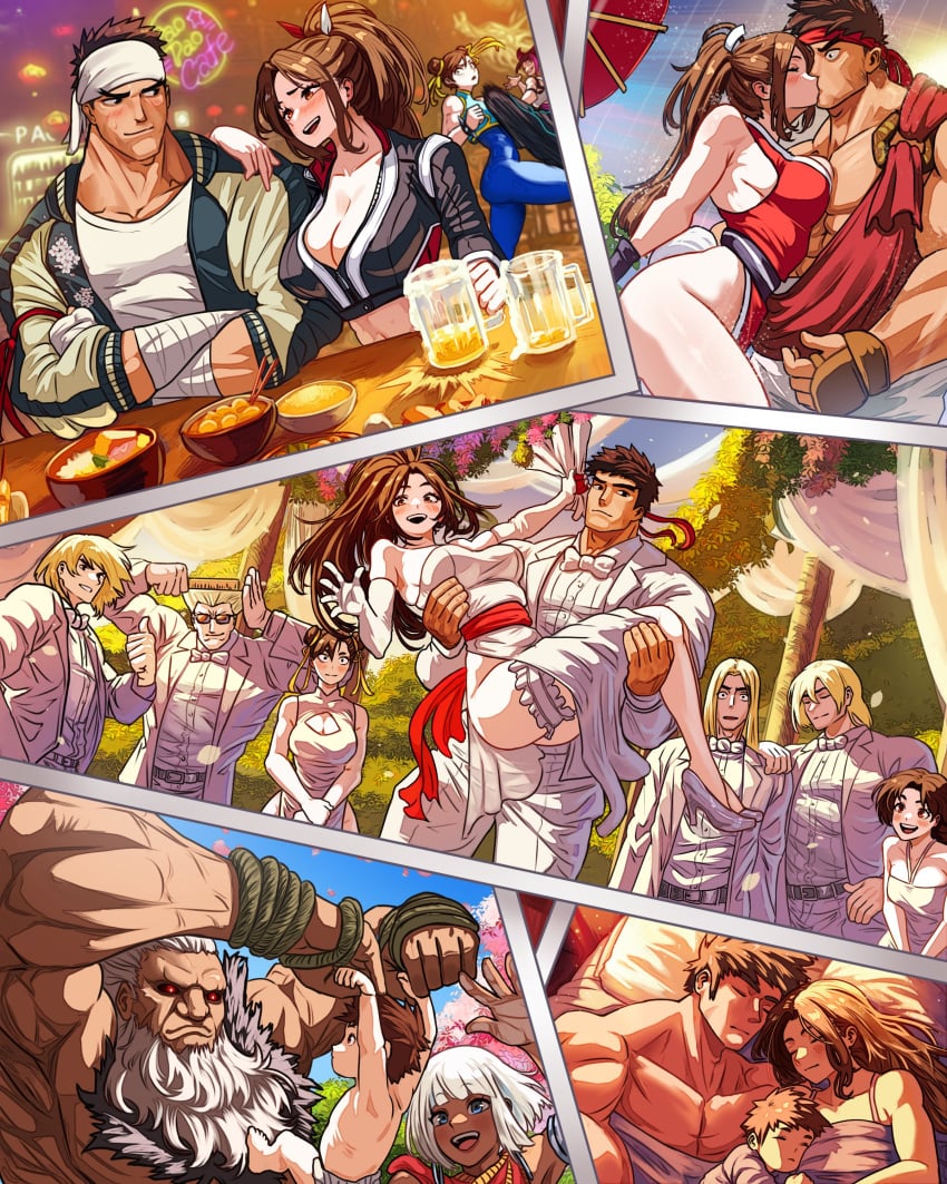 akuma andy_bogard breasts bride brown_hair catfight cheating cheating_girlfriend chun-li cleavage cleavage_cutout comic crossover drunk duo_focus elbow_gloves elena_(street_fighter) family fatal_fury garou:_mark_of_the_wolves groom guile high_heels highres if_they_mated juri_han ken_masters kissing large_breasts leg_garter mai_shiranui mai_shiranui_(street_fighter_6) netorare no_panties ponytail princess_carry ryu_(street_fighter) side_slit silent_comic straight street_fighter street_fighter_6 suit vlizz wedding wedding_dress white_gloves wholesome wholesome_nudity yuri_sakazaki
