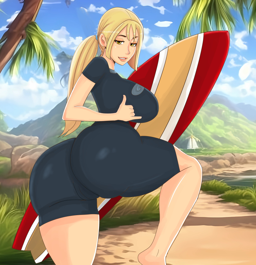 1girls 2020s 2023 5_fingers aged_up ai_assisted ai_background black_eyebrows blonde_hair blue_bodysuit blue_clothing blue_rubber boat bodysuit breasts bridgette_(tdi) call_me_gesture camel_toe cameltoe clothing darkcomics day eyebrows female female_focus female_only hi_res human human_only large_breasts looking_at_viewer looking_back mountain mountainous_horizon open_eyes outdoors palm_tree png pony_tail rubber rubber_clothing rubber_suit sailboat sand solo sparkles surfboard teeth teletoon tight_clothing total_drama_island wetsuit yellow_eyes
