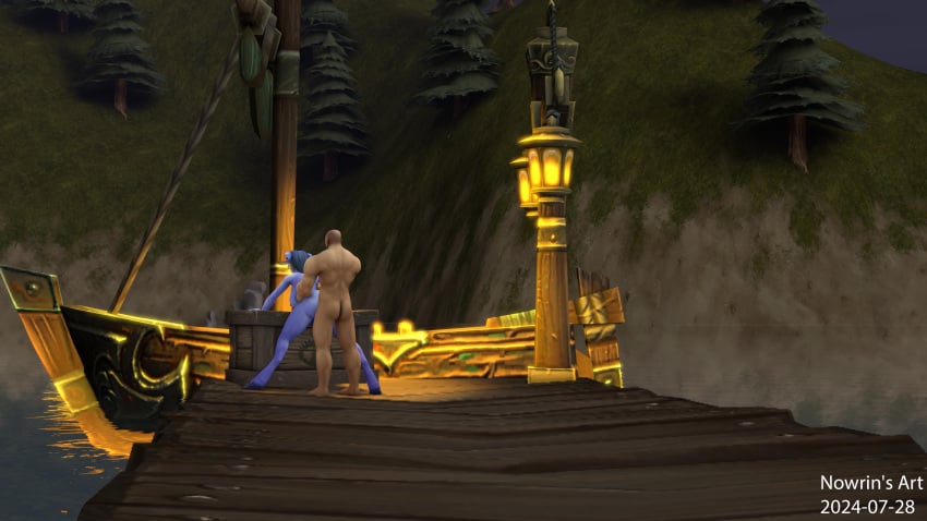 1futa 1male 3d 3d_(artwork) anal anal_sex bald_male beard blue_eyes blue_hair blue_skin draenei draenei_futa futanari green_eyes human_(world_of_warcraft) intersex lake male male_on_futa night nowrin ship source_filmmaker warcraft world_of_warcraft