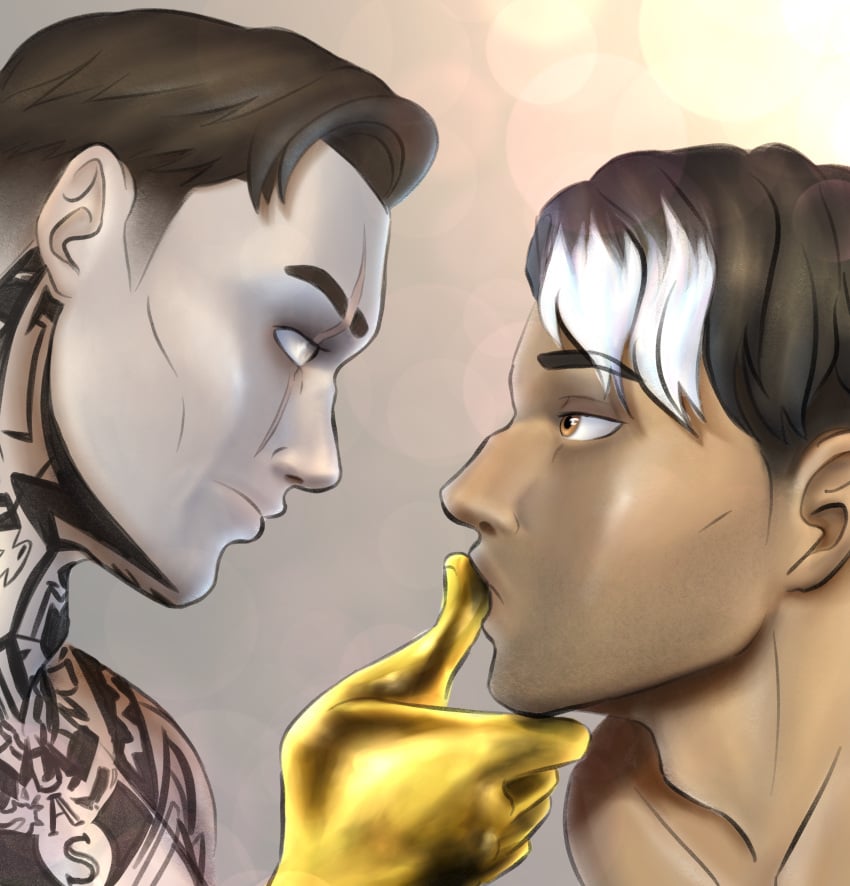 2boys 2d black_and_white_hair black_hair blind_eye brown_eyes brown_hair closed_mouth dark-skinned_male digital_art digital_drawing_(artwork) digital_media digital_media_(artwork) digital_painting_(artwork) duo duo_focus duo_male eye_contact eyes eyes_open finger_on_lip fortnite fortnite:_battle_royale from_side gay gay_male grey_background grey_eye hair hand_on_chin hand_on_face hi_res high_quality high_resolution highres homosexual human human_only light-skinned_male light_skin lips low_taper_fade male male/male male_focus male_only midas_(fortnite) montague_(fortnite) mr._prince naked naked_male neck_tattoo no_background no_clothes no_visible_genitalia nude nude_male pale-skin pale-skinned_male pale_skin plain_background scar scar_across_eye scar_on_face self_upload short_hair side_view skin_contrast skin_tone_difference stubble suggestive suggestive_gesture suggestive_look tan_body tan_skin tanned_skin tattoo tattoo_on_arm tattoo_on_chest tattooed tattooed_arm tattoos two-tone_hair two_tone_hair undercut video_game video_game_character video_game_franchise video_games white_eye white_hair yaoi