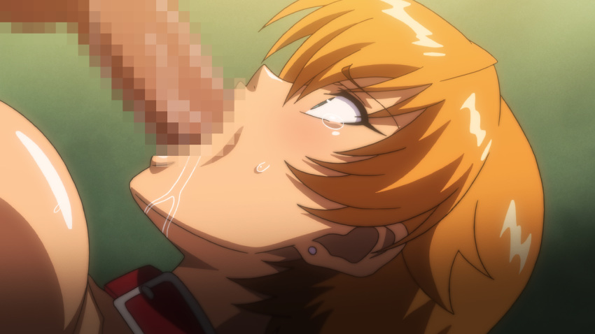 blonde_hair blue_eyes breasts censored collar earrings fellatio female forced_oral igawa_sakura large_breasts male penis rape saliva screencap taimanin_asagi taimanin_asagi_3 tears