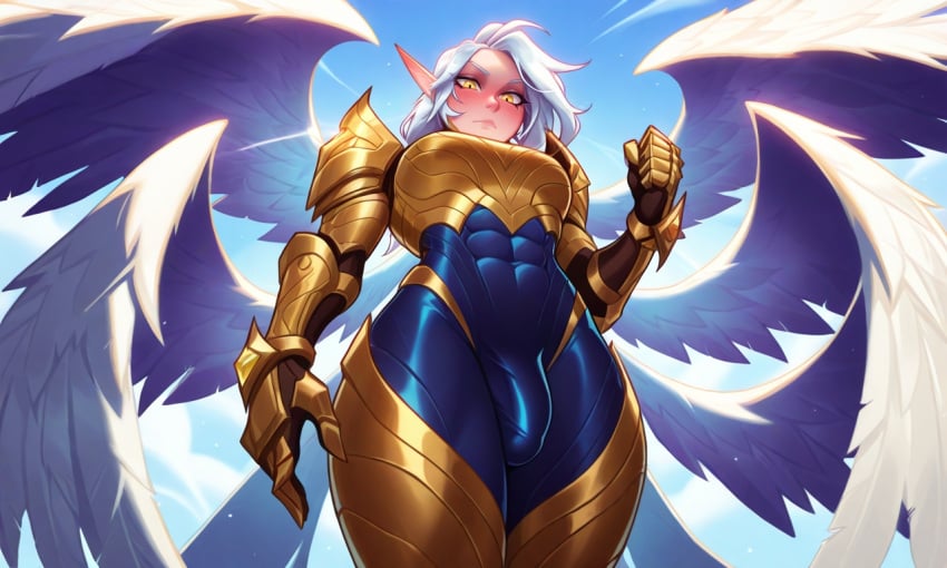 abs abs_visible_through_clothing ai_generated angel angel_wings armor belly biceps big_breasts breasts bulge bulge_through_clothing female futanari gold_(metal) intersex kayle league_of_legends long_hair multiple_wings muscular muscular_female muscular_futa muscular_futanari muscular_legs thick_arms thick_legs thick_thighs white_hair yellow_eyes