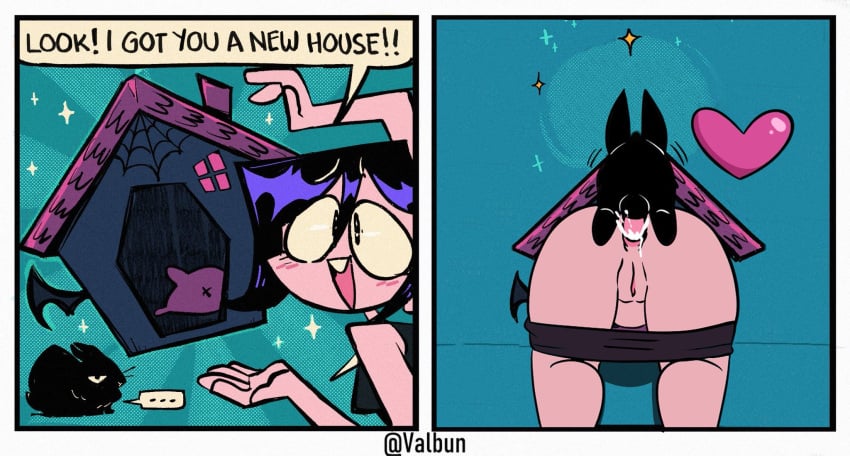 anal anal_sex anus black_hair black_hair_female choker clothed clothed_female clothing comic comic_strip cum cum_in_ass cum_inside cum_leak cum_leaking cum_leaking_out_of_anus female mbhen114 multicolored_hair pants pants_down partially_clothed partially_clothed_female penis purple_highlights pussy rabbit rabbit_boy speech_bubble text valbun valbun_(oc) zoofilia