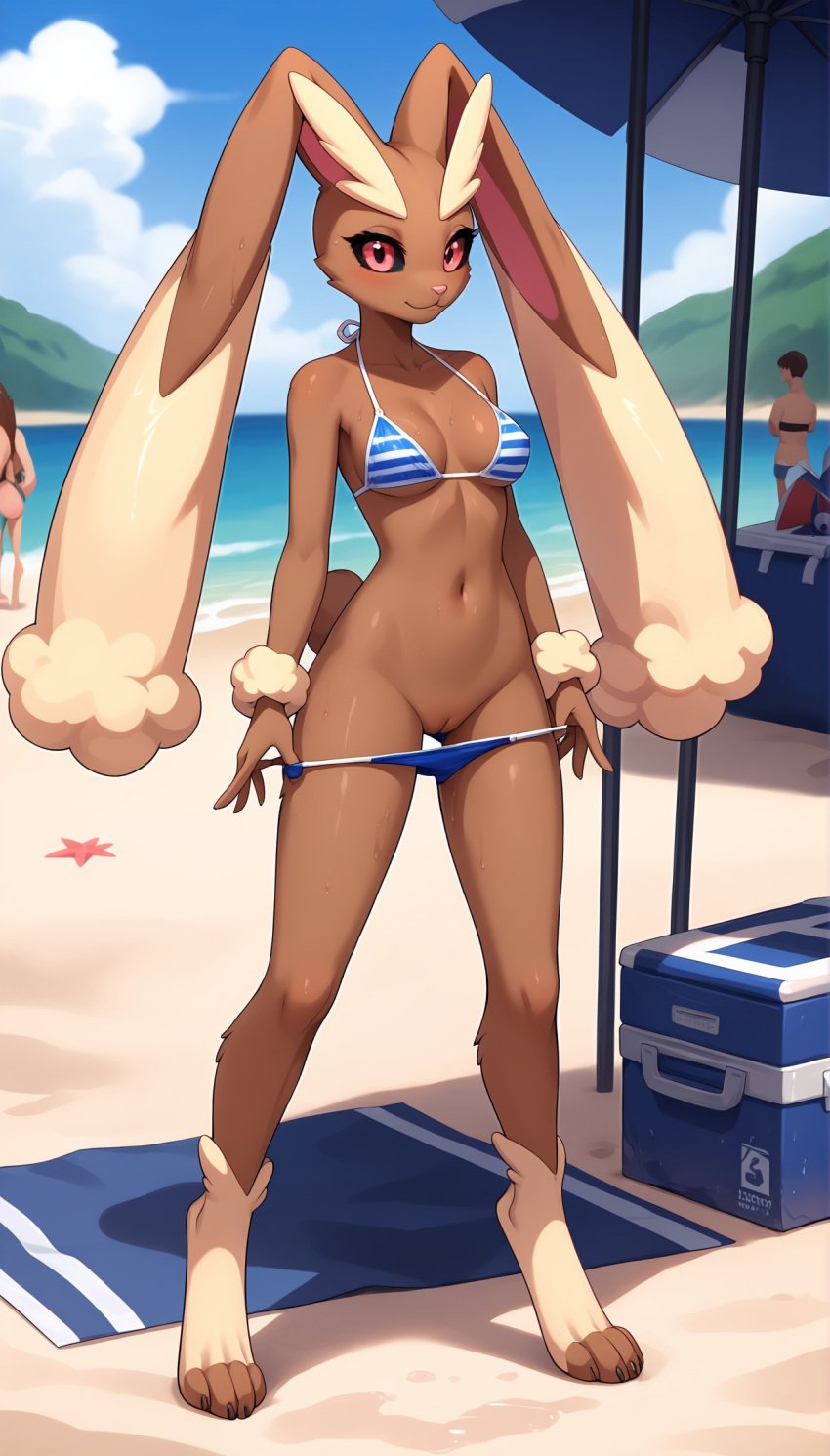 1girls 2025 ai_generated anthro beach bikini bikini_bottom_down black_sclera breasts brown_fur crowd curvy_figure female female_only flashing generation_4_pokemon hi_res innie_pussy lopunny nintendo pink_eyes pokemon pokemon_(species) pussy rabbit seaside smile wet wet_body
