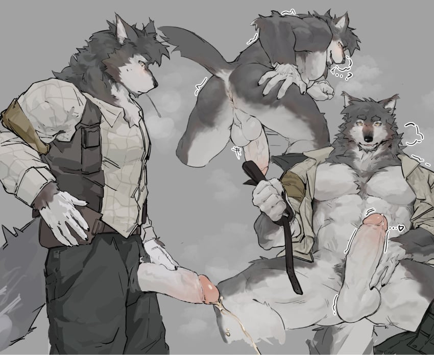 2024 anthro anus ass backsack balls belt bent_over big_penis blush bodily_fluids canid canine canis chest_tuft claws clothed clothing erection front_view fur genital_fluids genitals grey_body grey_fur grin heart_symbol hi_res humanoid_genitalia humanoid_penis looking_at_viewer male male_only mammal motion_lines multiple_poses muscular muscular_anthro muscular_male nude nude_anthro open_clothing open_shirt open_topwear partially_clothed peeing penis pose precum presenting presenting_anus question_mark raised_tail rear_view sequence shirt side_view sitting smile sohungr599123 solo spread_legs spreading standing tail topwear tuft urine vein white_body white_fur wolf yellow_eyes