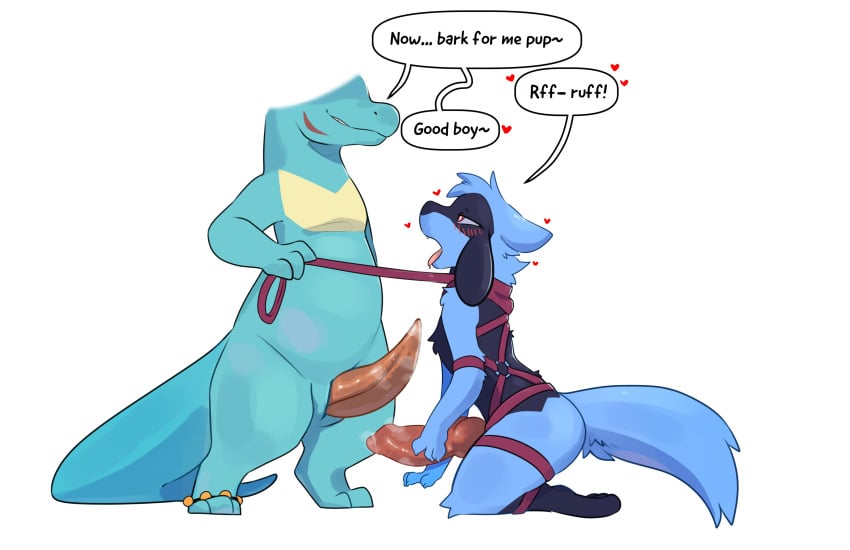 2025 absurd_res animal_genitalia animal_penis anthro anthro_on_anthro athletic athletic_anthro athletic_male barking big_penis blush bodily_fluids bondage canine_genitalia canine_penis cometdragonite dialogue digitigrade dominant duo english_text erection fur generation_2_pokemon generation_4_pokemon genital_fluids genital_slit genitals good_boy harness heart_symbol hi_res kneeling knot leash leash_pull legband looking_pleasured male male/male narrowed_eyes nintendo nude open_mouth penis petplay pokemon pokemon_(species) praise precum riolu roleplay simple_background smile standing submissive text tongue tongue_out totodile tuft white_background