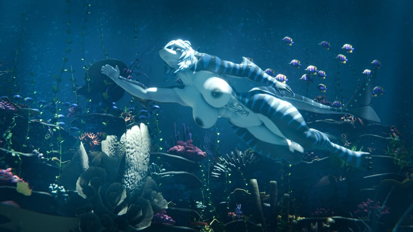 16:9 3d_(artwork) abs algae annoad anthozoan anthro barely_visible_genitalia barely_visible_pussy belly_tattoo big_breasts blue_eyes breasts bubble cnidarian coral coral_reef dark_nipples digital_media_(artwork) female fin fish freediving genitals hair hi_res marine muscular muscular_anthro muscular_female nika_sharkeh nipple_piercing nipples non-mammal_breasts non-mammal_nipples nude nude_anthro nude_female original piercing pussy seaweed shark short_hair solo striped_body stripes swimming tail tattoo thick_thighs underwater water white_hair widescreen