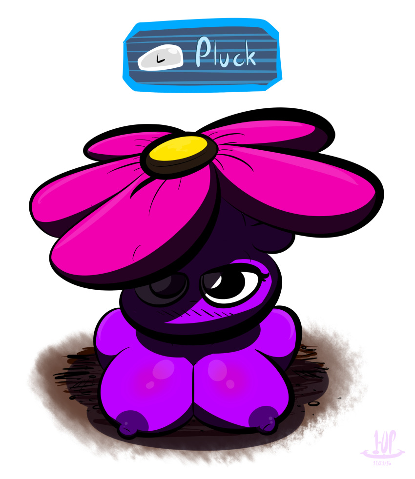 1-upclock anthro big_breasts blush breasts female flower looking_at_viewer nintendo nipples nude pikmin pikmin_(species) plant presenting purple_pikmin simple_background solo video_games