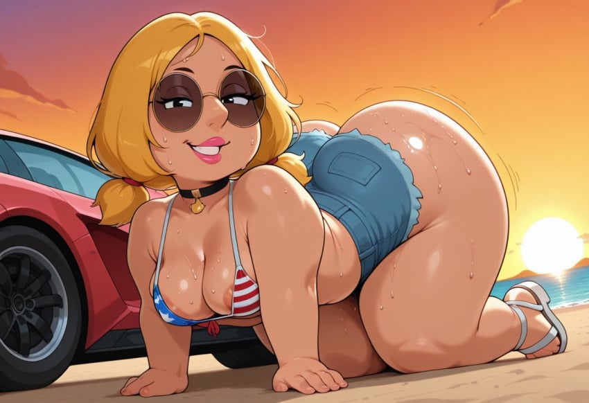 1girls ai_generated all_fours american_flag_bikini areola_slip ass ass_cleavage ass_up beach bikini_top blonde_hair cleavage cosplay daisy_dukes dutch_angle family_guy female gta_vi huge_ass jean_shorts lipstick looking_at_viewer low-angle_view meg_griffin milf nipple_peek nipple_slip pinup sandals short_shorts shortstack smile solo sports_car sunglasses sunset thick_thighs twintails wide_hips young_milf