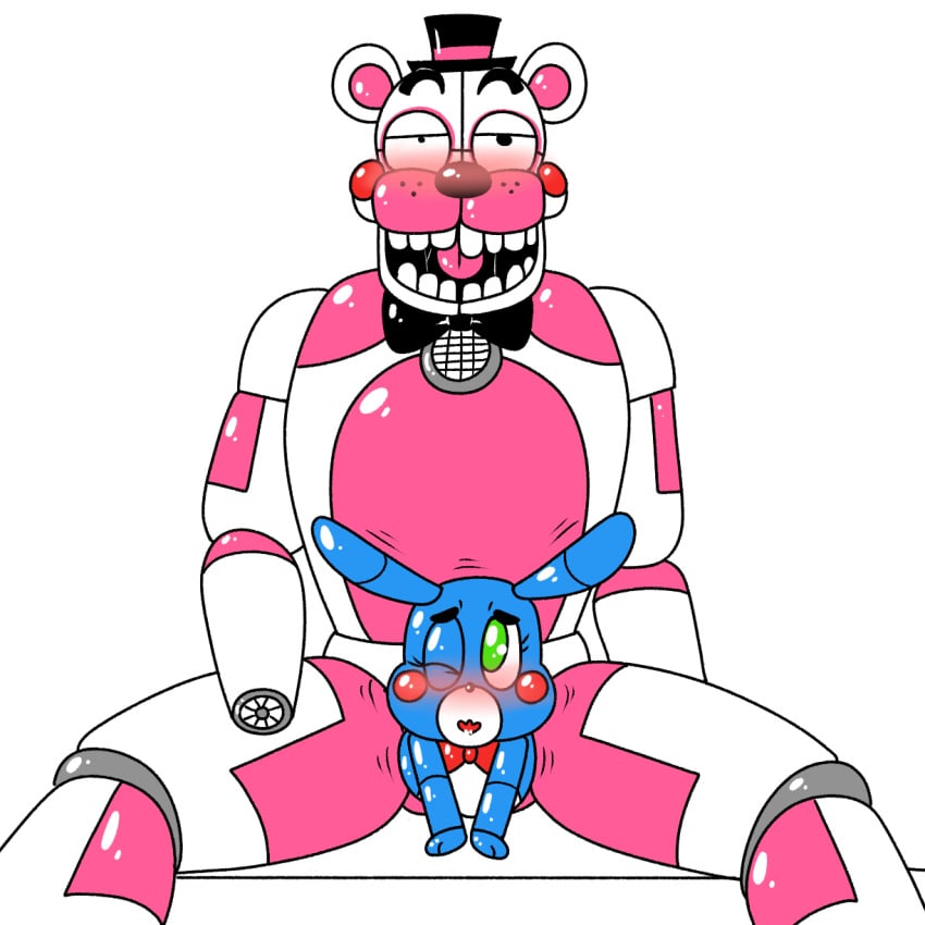 animatronic bear blush bon_bon drooling five_nights_at_freddy's funtime_freddy_(fnafsl) lagomorph living_fleshlight machine male_focus mammal puppet_bonnie_(fnafsl) rabbit robot saliva sex sister_location size_difference snaxattacks video_games